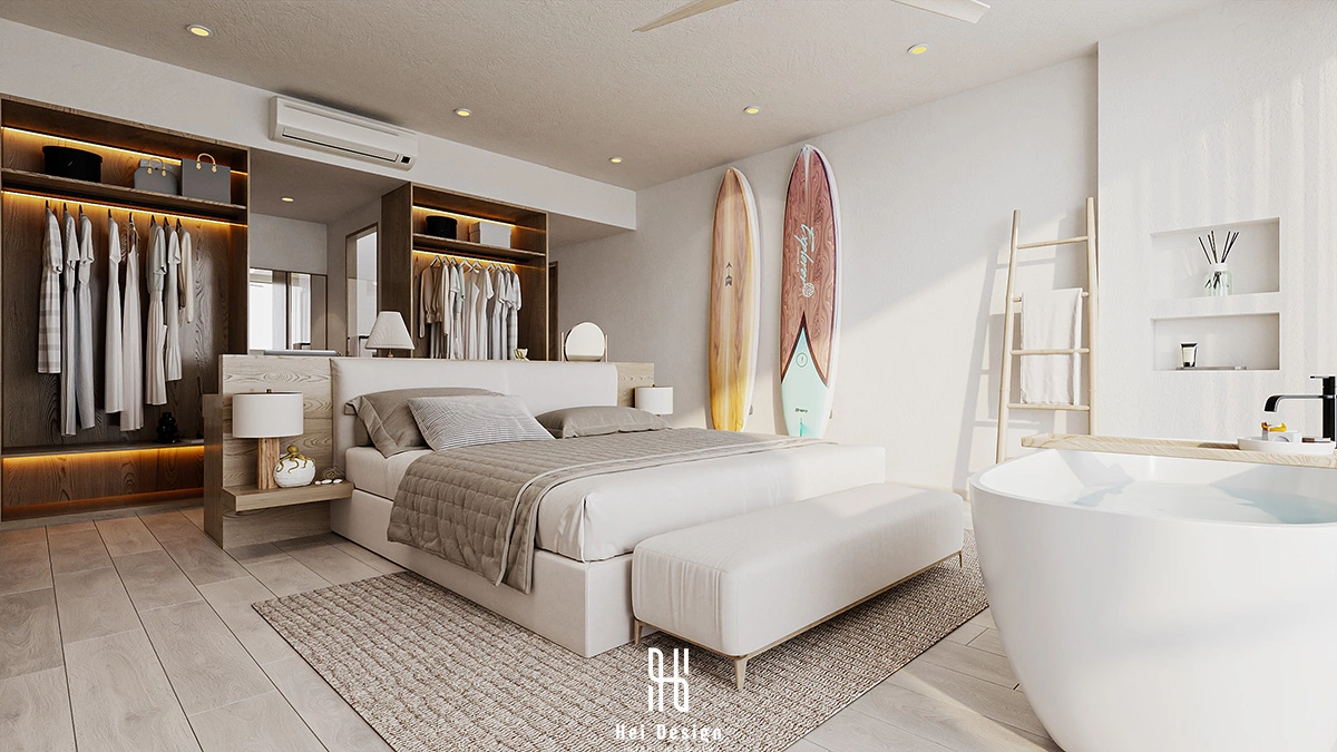 Phòng ngủ master biệt thự Villa Tân An Long An – đầu giường gỗ walnut và ánh sáng tự nhiên