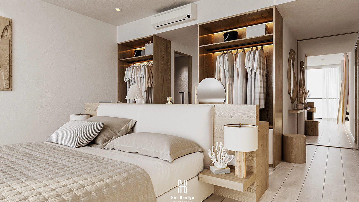 Chi tiết đầu giường gỗ walnut và hệ thống chiếu sáng – phòng ngủ master Villa Tân An