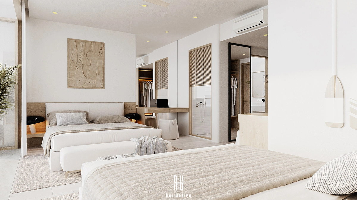 Phòng ngủ 2 biệt thự Villa Tân An Long An – thiết kế hiện đại tone xanh sage và trắng tự nhiên