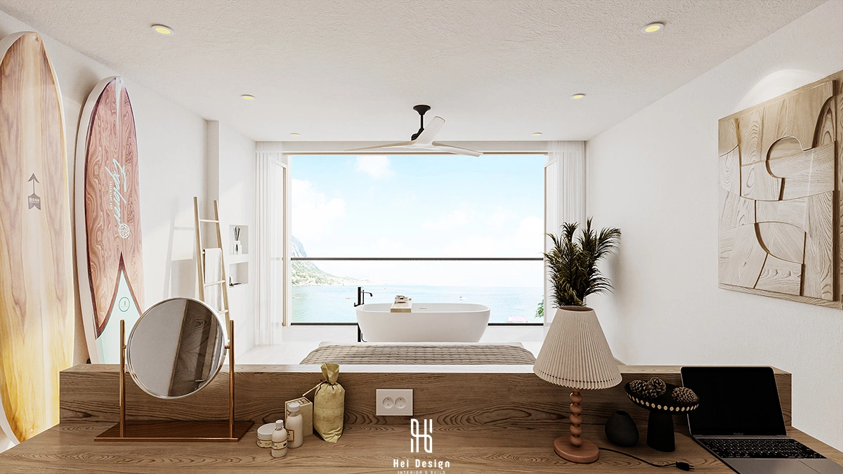 Chi tiết khu vực lavabo đôi walnut và gương đèn LED – phòng tắm Villa Tân An Long An