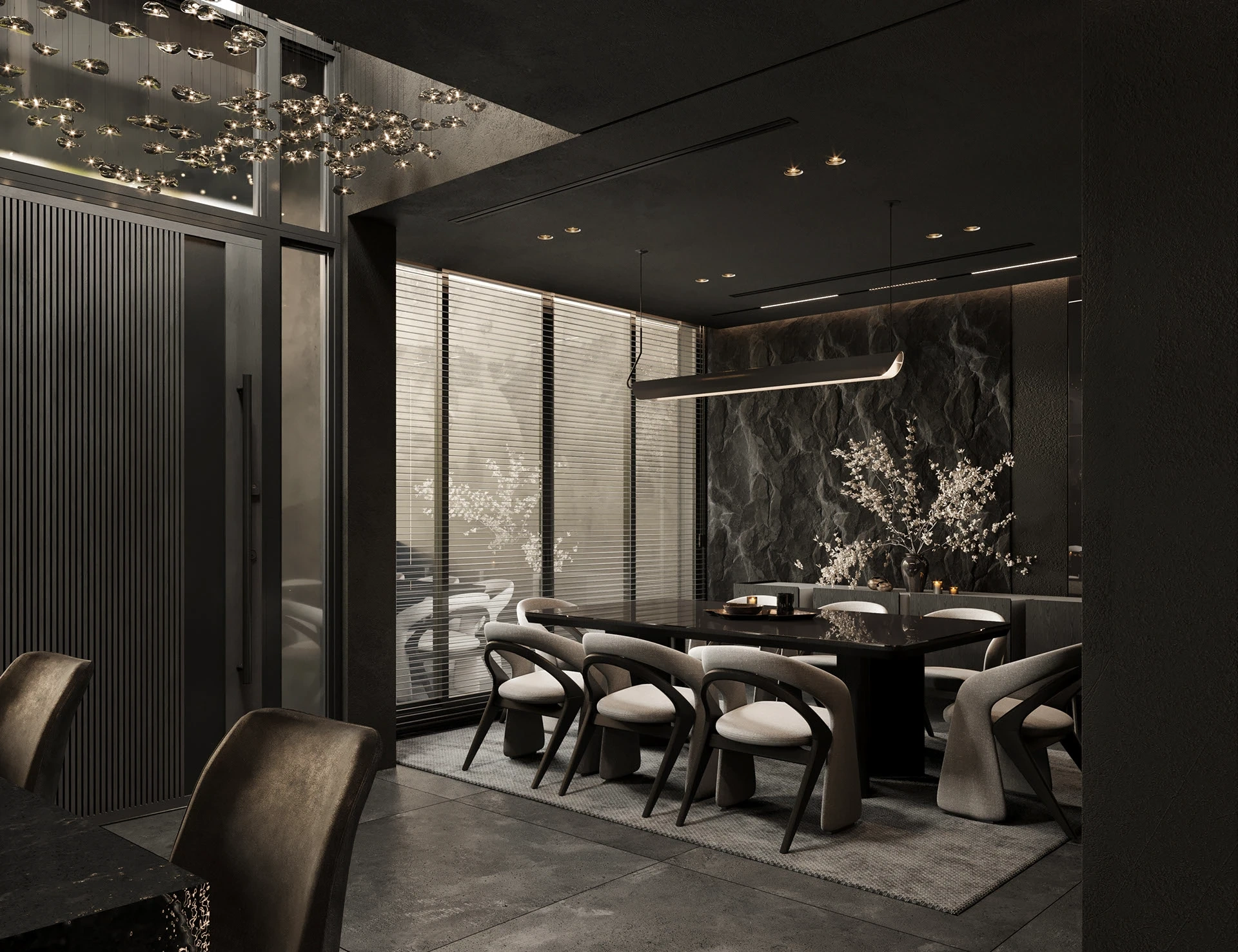 Khu ăn villa Bình Phước – bàn đá tròn và đèn thả thủy tinh khói Dark Modern Luxury