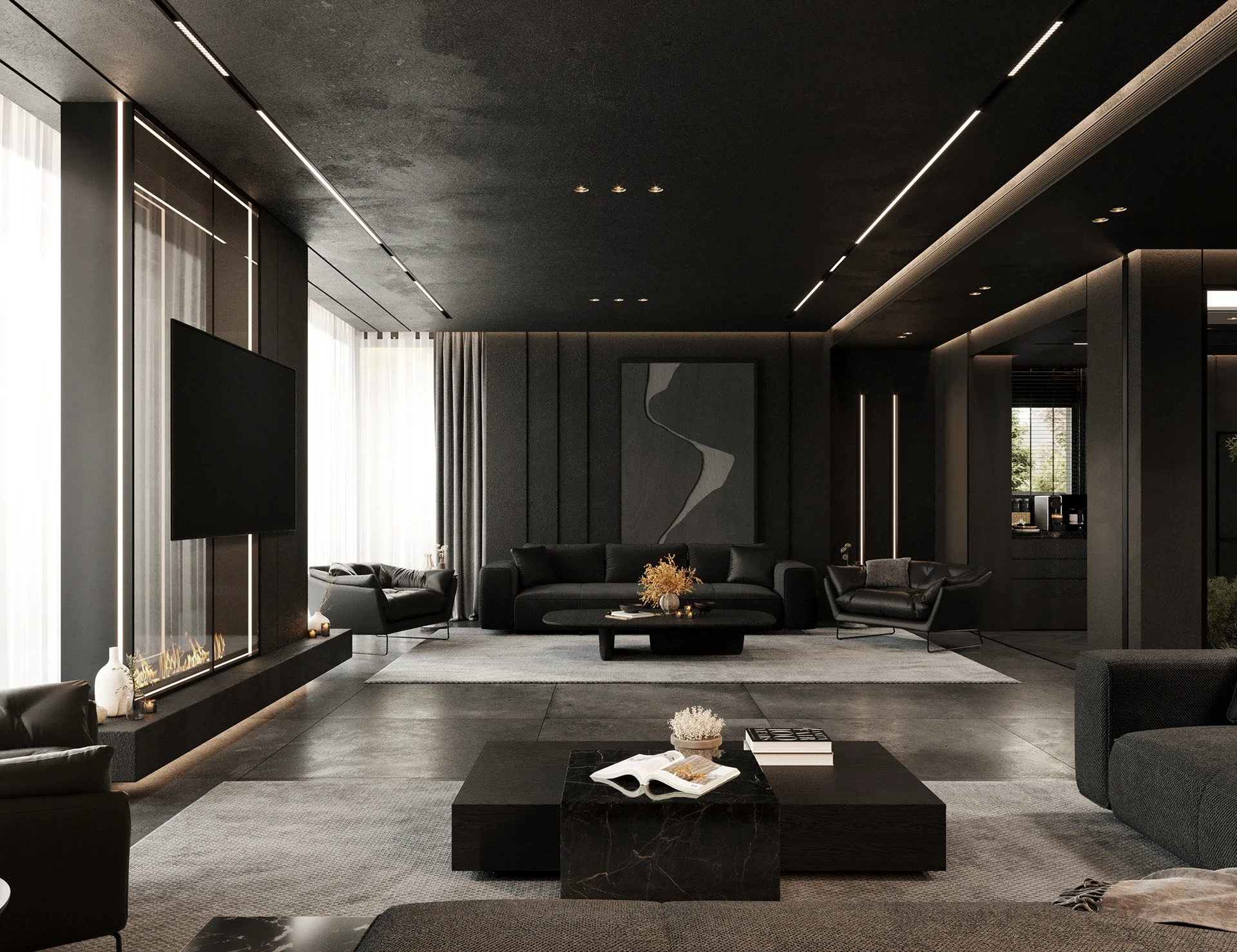 Phòng khách villa Bình Phước – không gian Dark Modern Luxury tone đen và đá marble tự nhiên