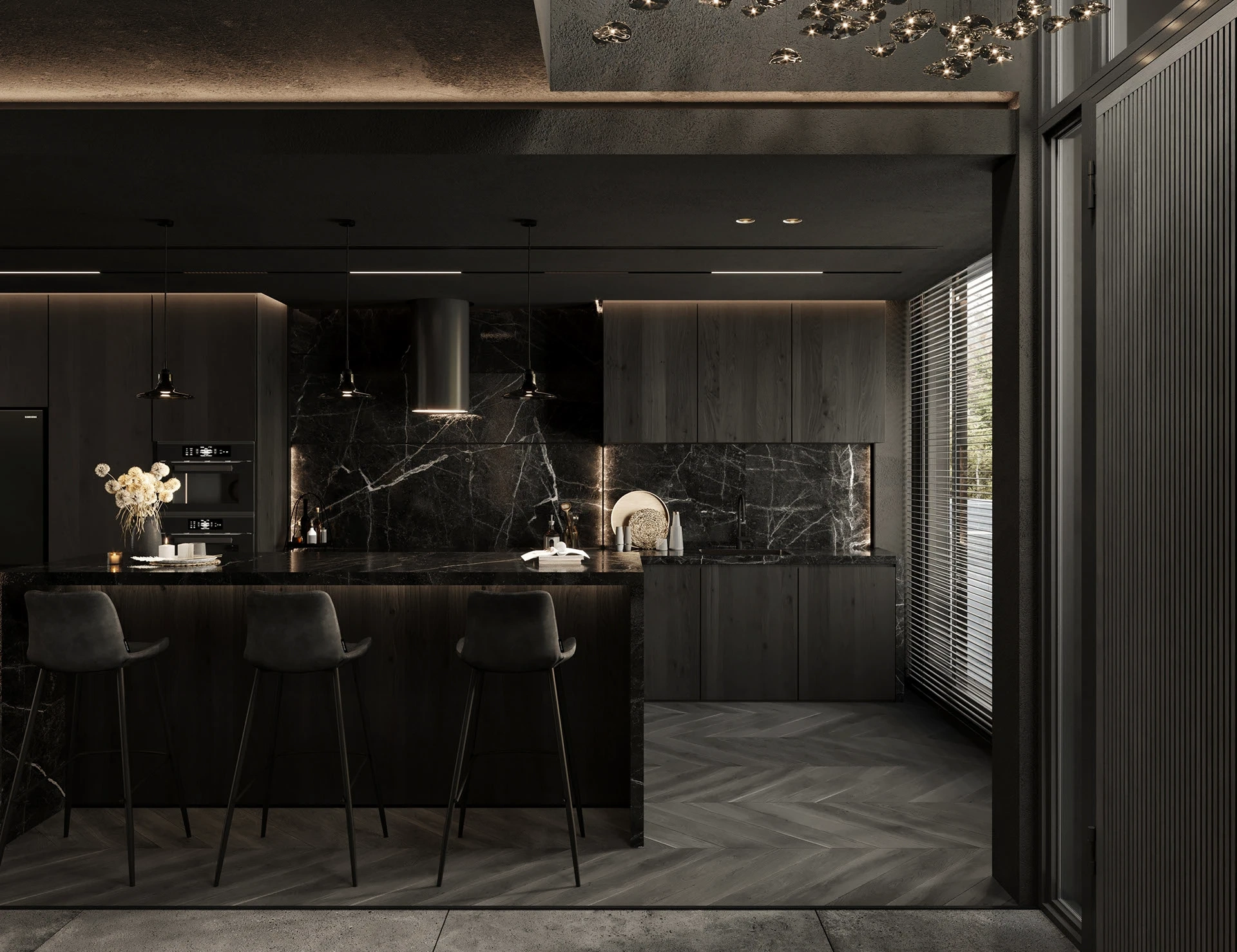 Phòng bếp villa Bình Phước – tủ bếp đen matte và đảo bếp đá Calacatta Viola Dark Modern Luxury