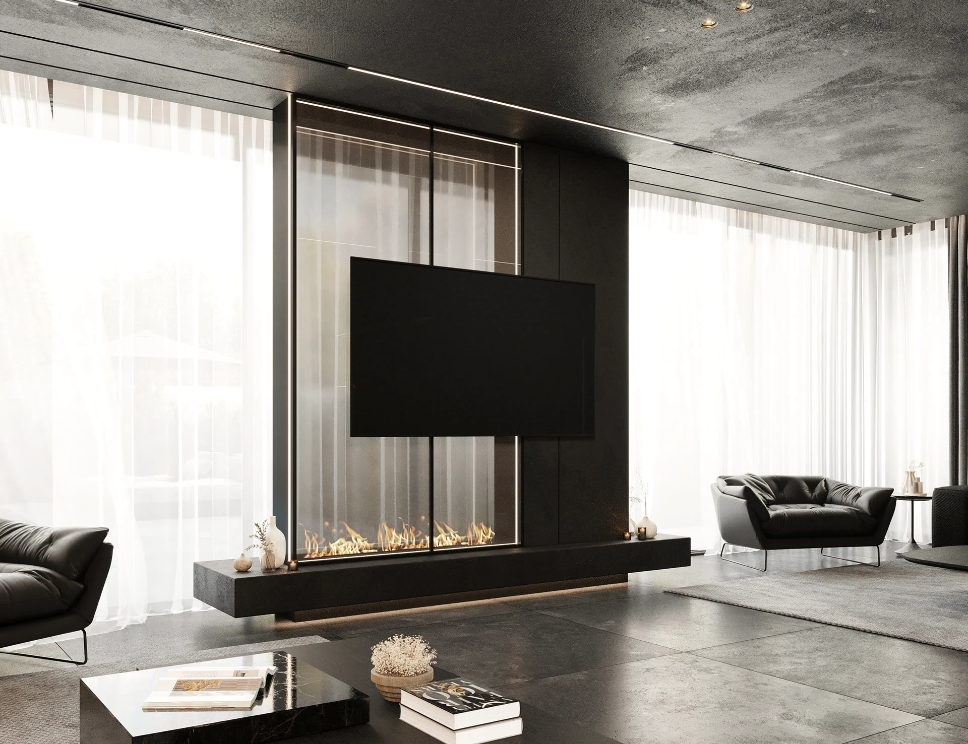 Chi tiết vách tivi đá marble đen vân trắng – phòng khách villa Bình Phước Dark Modern Luxury