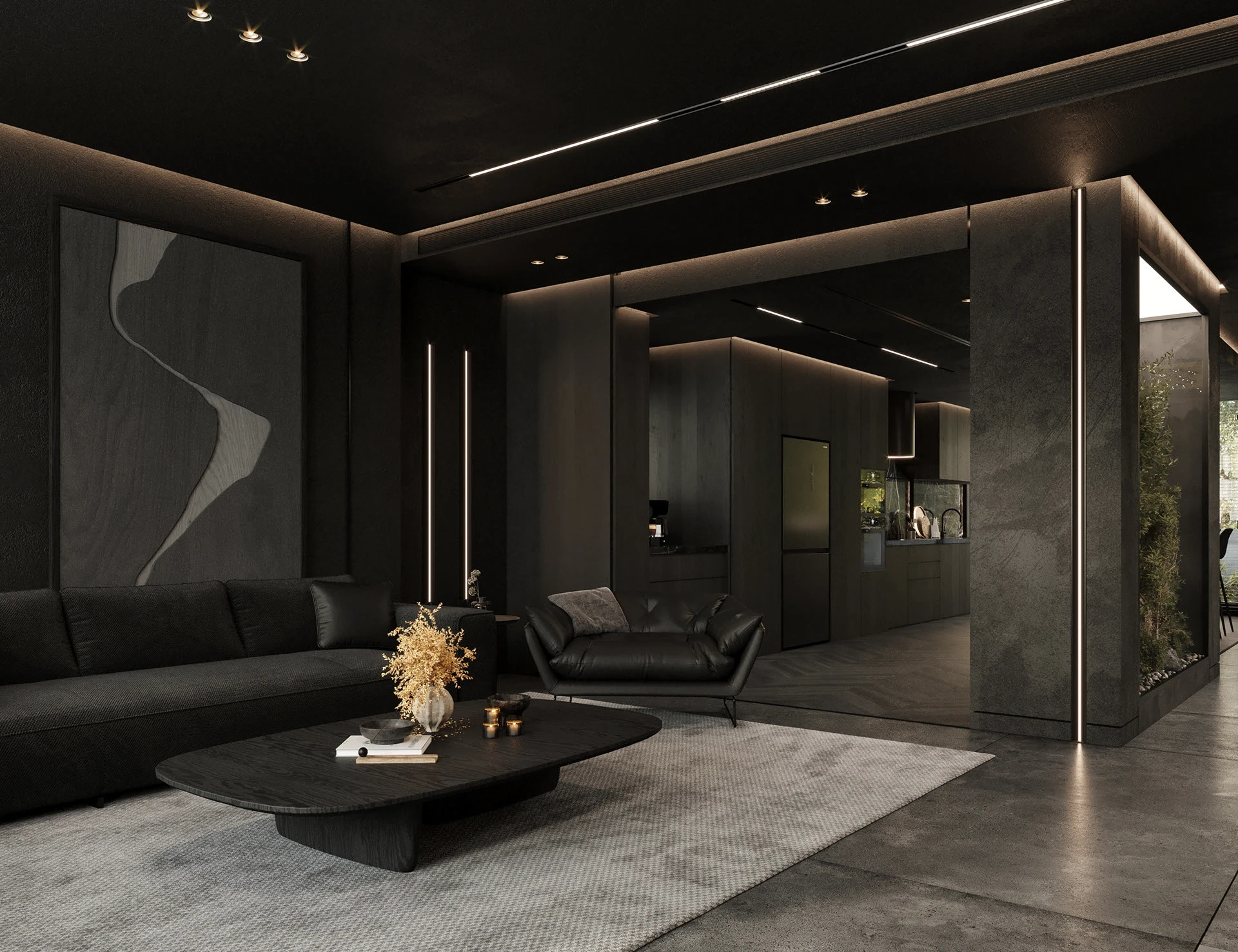 Hệ thống chiếu sáng 5 lớp phòng khách villa Bình Phước – Dark Modern Luxury buổi tối