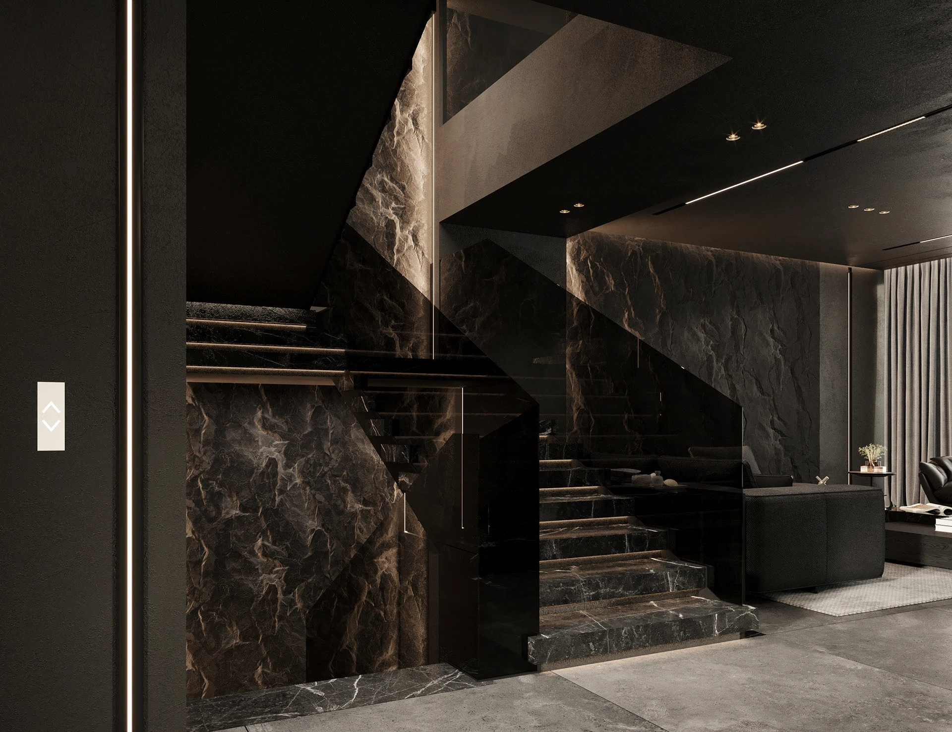 Cầu thang floating và thông tầng villa Bình Phước – installation đèn Edison Dark Modern Luxury