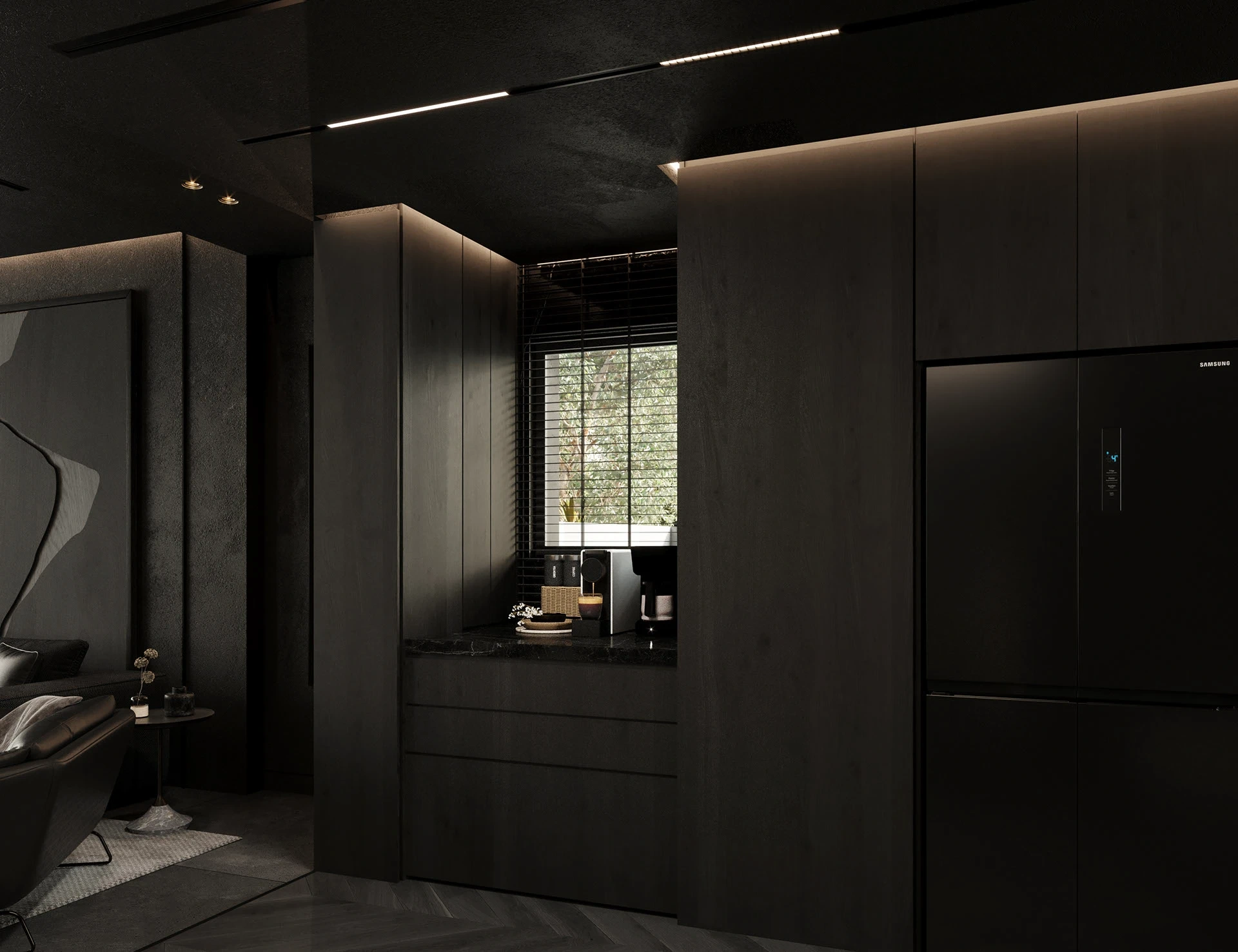 Phòng tắm master villa Bình Phước – đá marble Nero Marquina và bồn tắm freestanding đen matte