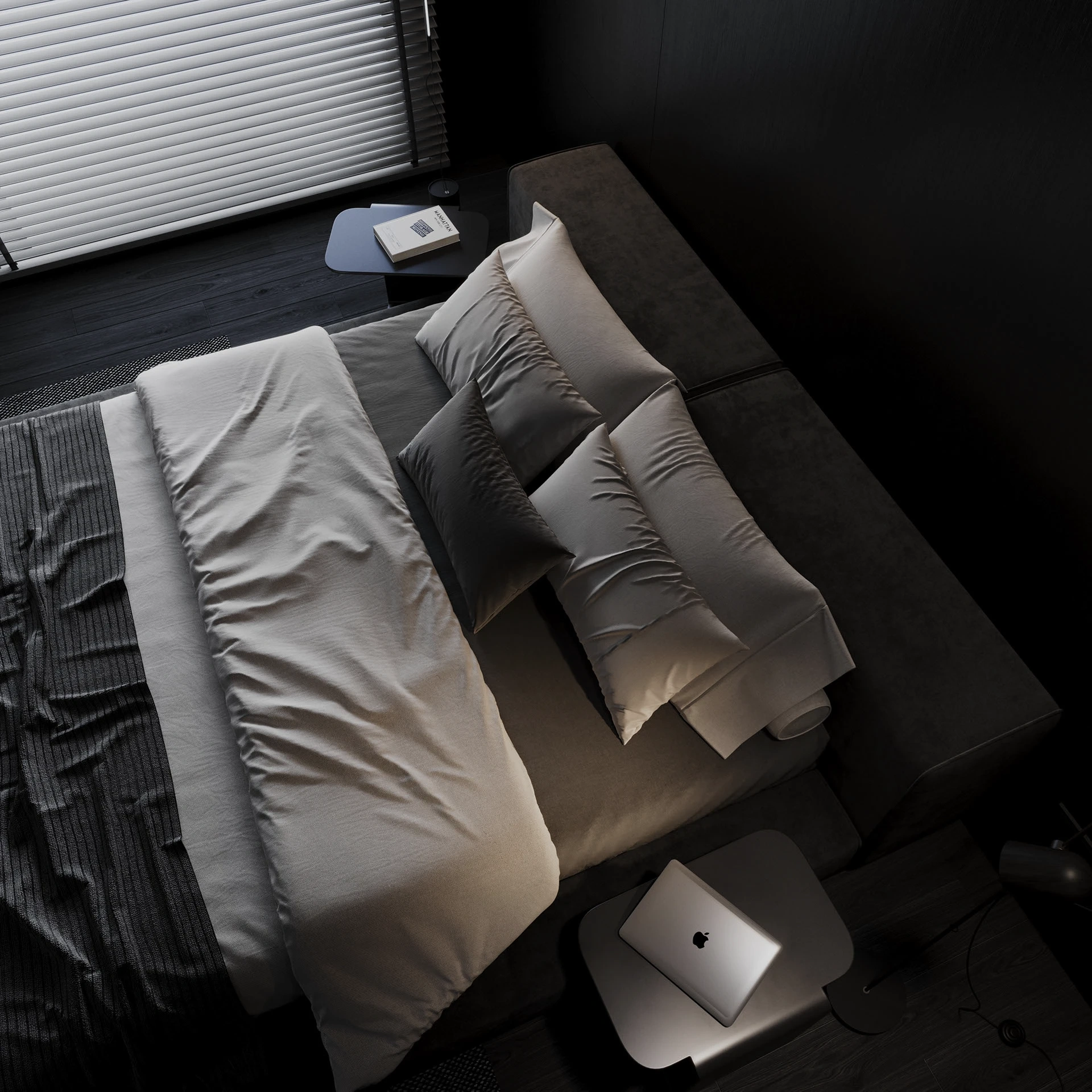Phòng ngủ master villa Bình Phước – tường gỗ óc chó và đầu giường bọc da đen Dark Modern Luxury
