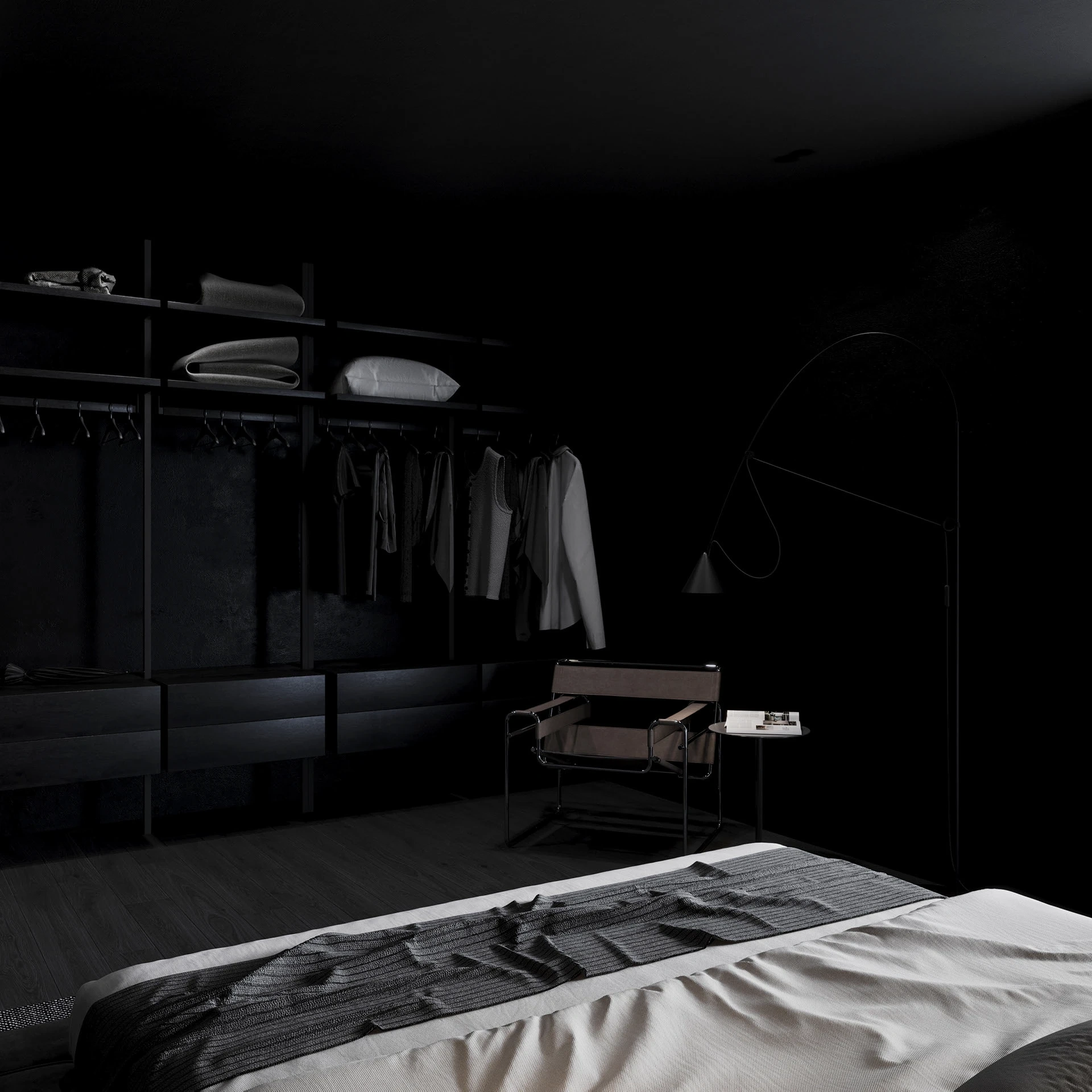 Walk-in closet villa Bình Phước – hệ thống tủ gỗ óc chó và chiếu sáng boutique Dark Modern Luxury