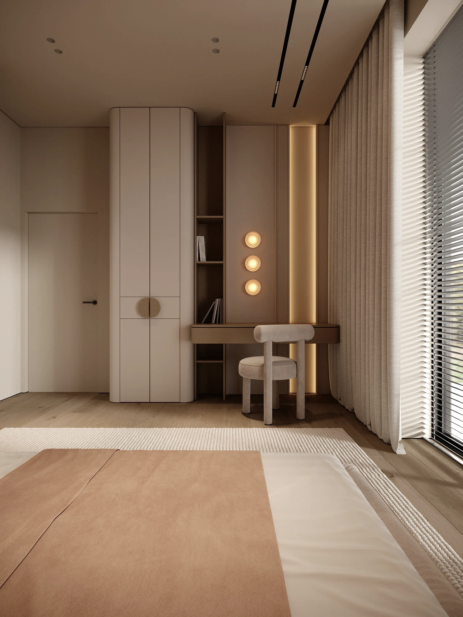 Nhà phố Japandi 280m2 02 phòng ngủ – Phòng ngủ 02 với giường tầng gỗ tùy chỉnh và bàn học tích hợp