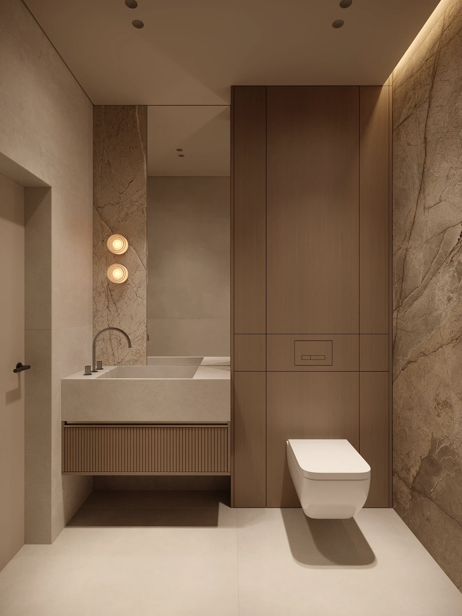 Nhà phố Japandi 280m2 02 phòng ngủ – Chi tiết khu vực sen tắm với gạch herringbone và sen inox đen