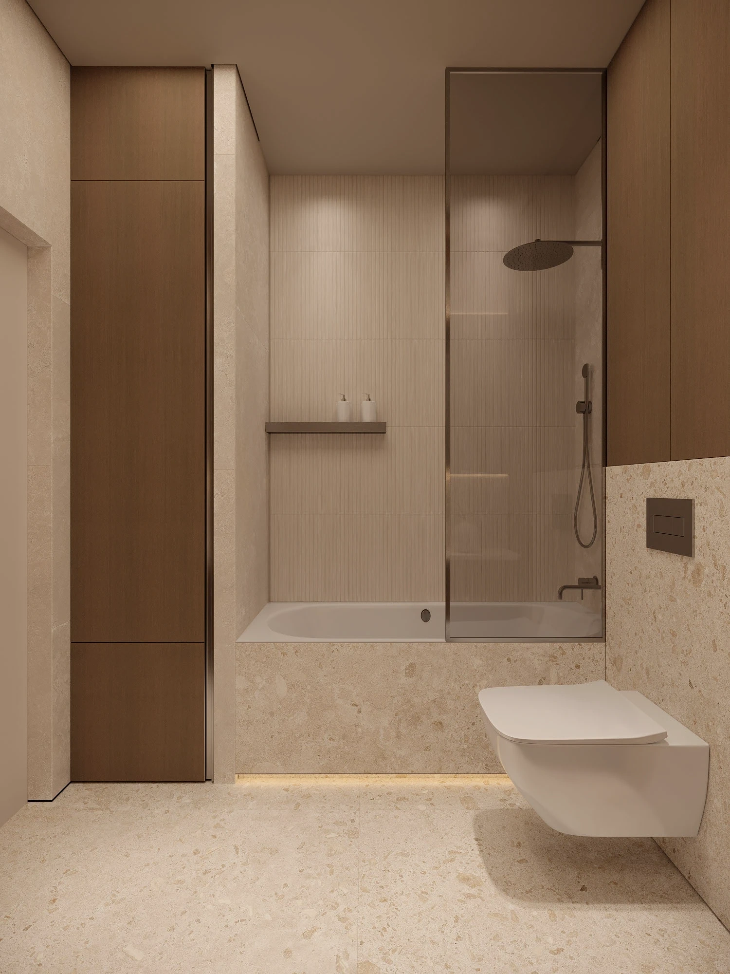 Nhà phố Japandi 280m2 02 phòng ngủ – Phòng tắm master với gạch sage gray và bồn rửa pult gỗ