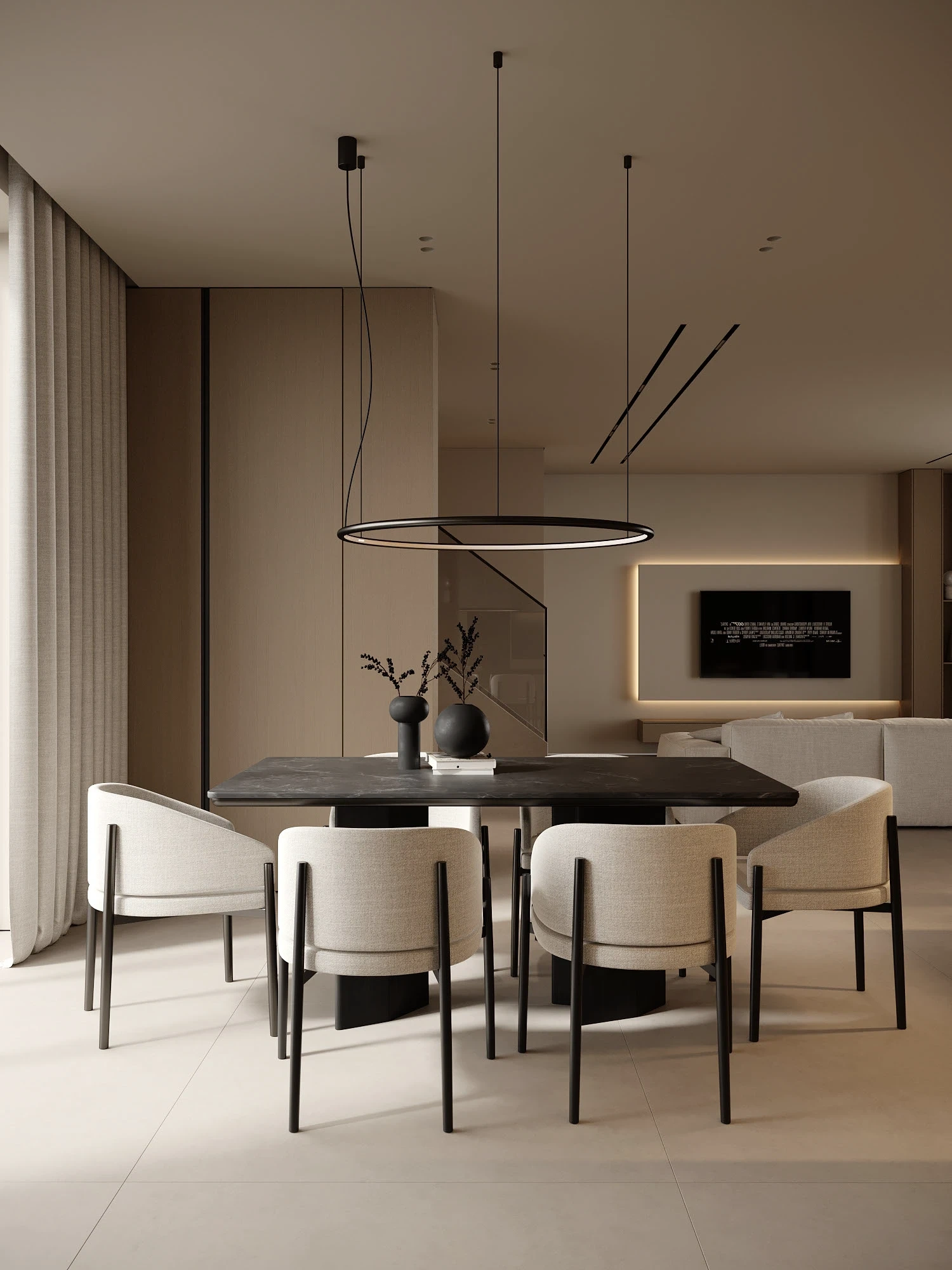 Nhà phố Japandi 280m2 02 phòng ngủ – Góc bàn ăn với mặt gỗ sồi và ghế thiết kế Japandi