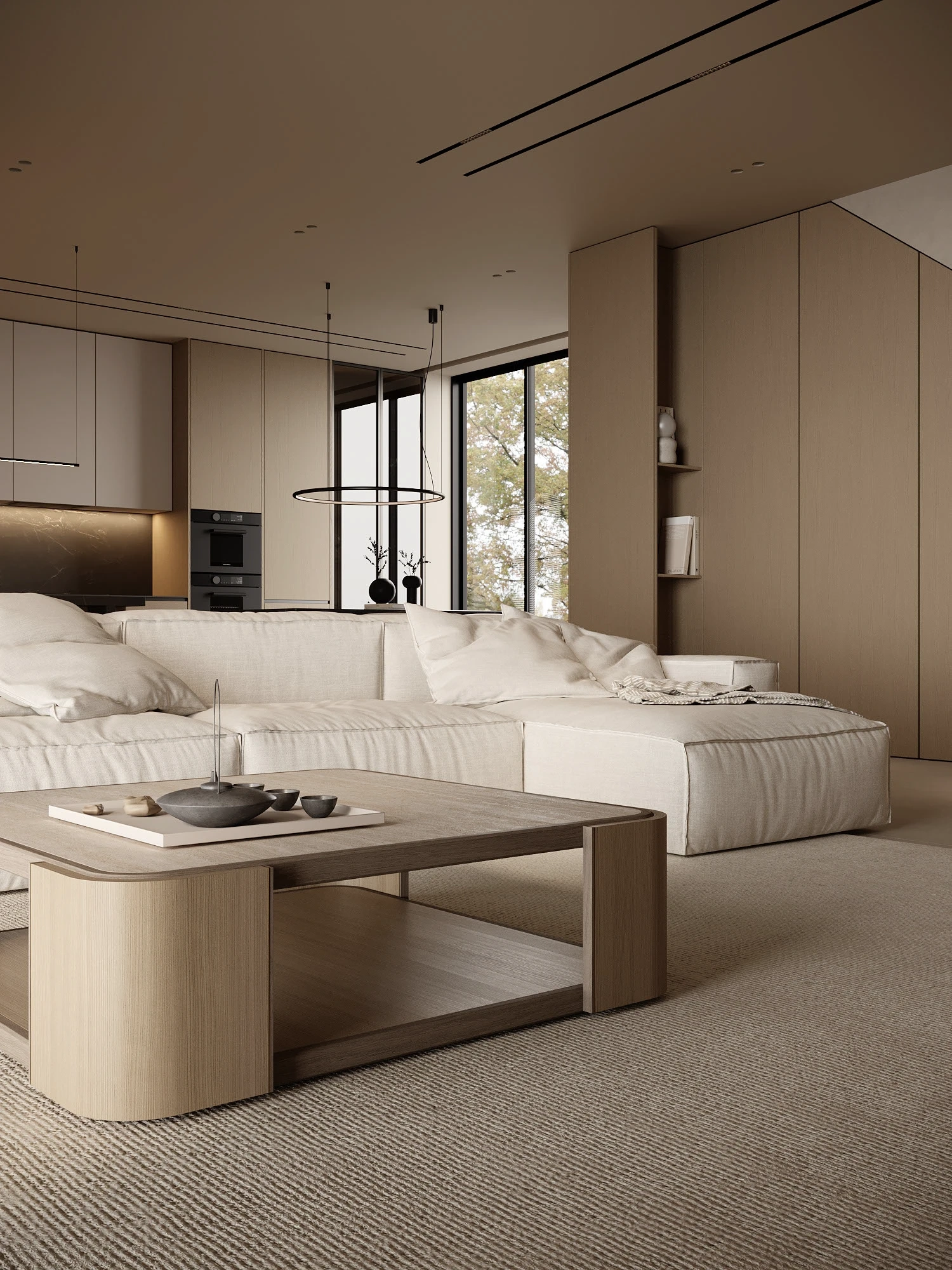 Nhà phố Japandi 280m2 02 phòng ngủ – Chi tiết bộ sofa linen và bàn trà gỗ tự nhiên
