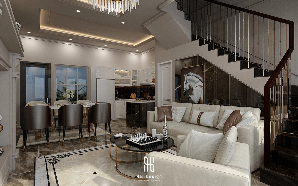 Hình ảnh nhìn từ phòng khách qua phòng bếp