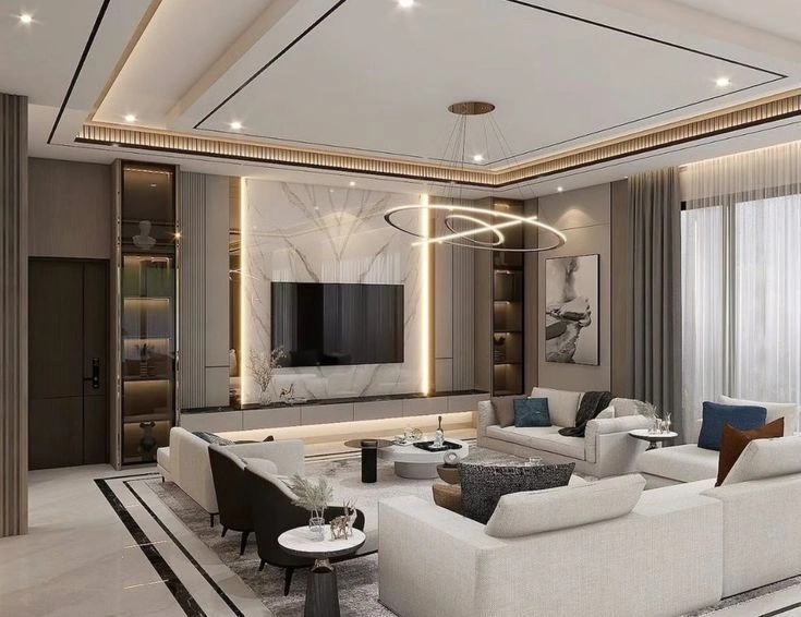 _Mẫu phòng khách đẹp hiện đại với bố cục sofa, bàn trà và vách tivi hài hòa_