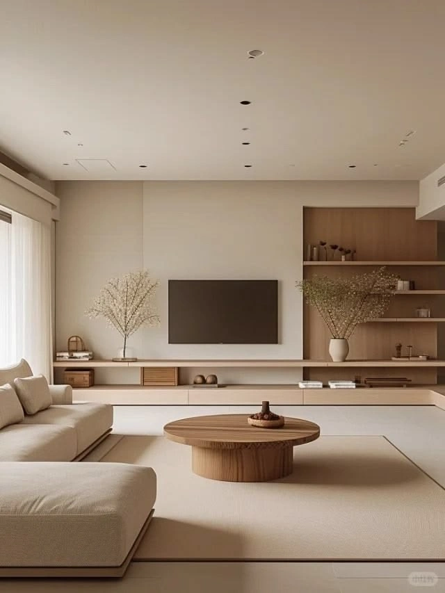 _Mẫu phòng khách Japandi với gỗ sáng, sofa vải và ánh sáng tự nhiên_