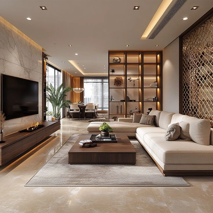 _Mẫu phòng khách hiện đại với sofa chữ L và vách tivi gỗ đá_