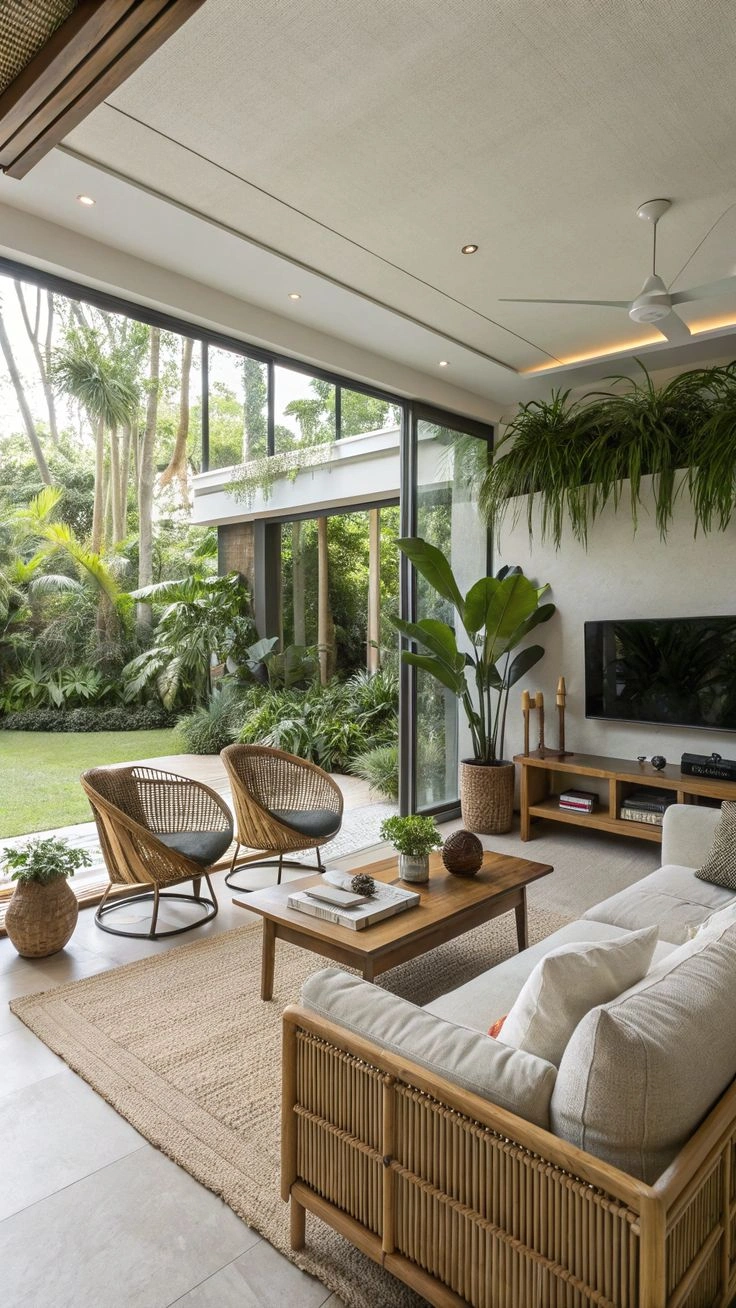 _Phòng khách Tropical nhiều cây xanh, cửa kính lớn và vật liệu tự nhiên_