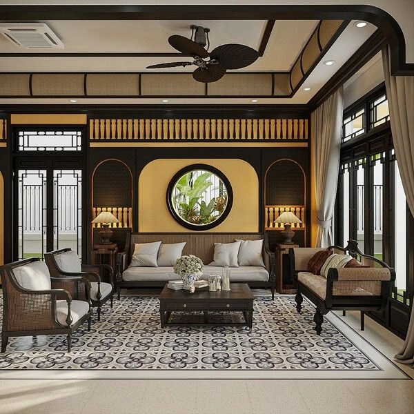 _Phòng khách Indochine hiện đại với vòm, mây đan và tông màu kem nâu_