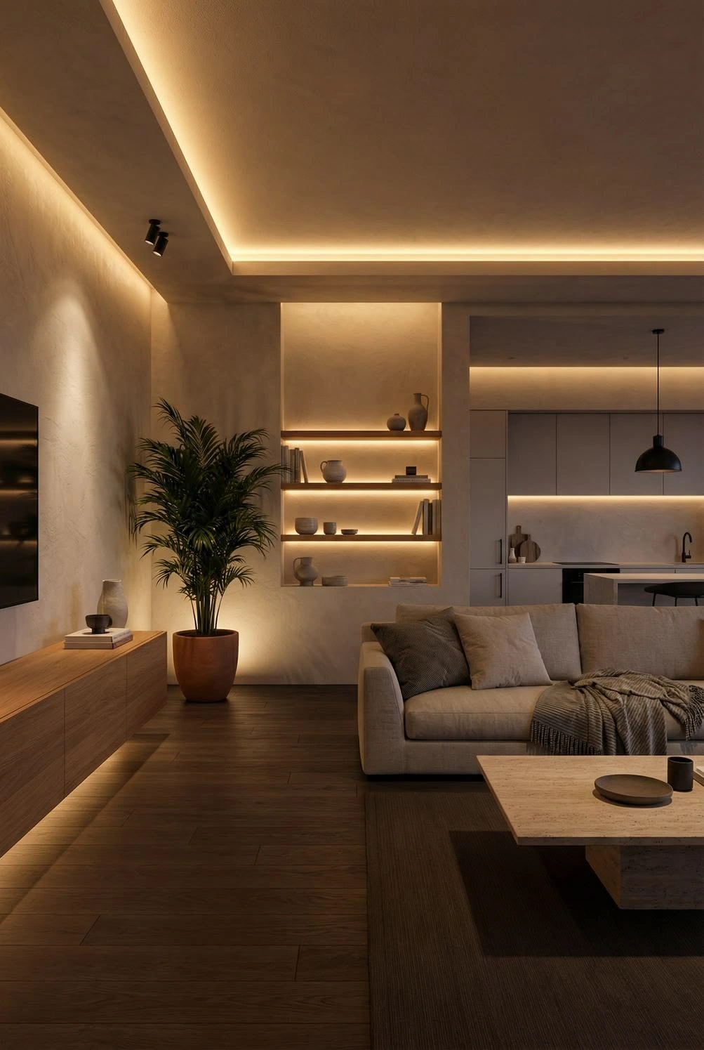 _Hệ ánh sáng nhiều lớp trong phòng khách với đèn hắt và đèn trang trí_