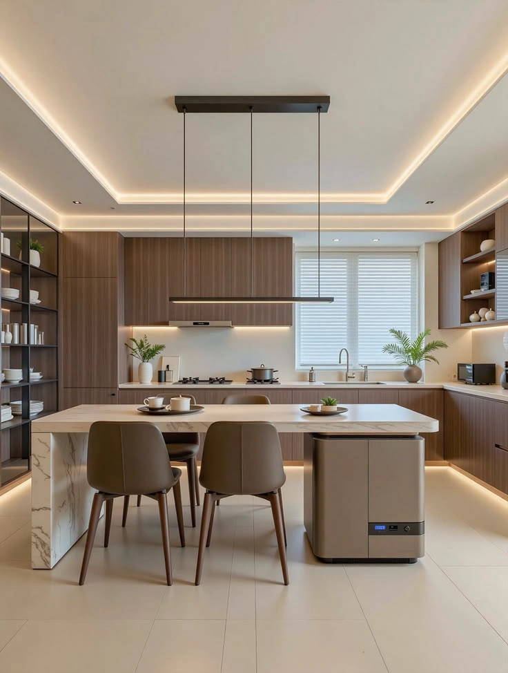 _Bếp chữ L hiện đại, có mặt đá, tủ bếp trên dưới và bàn ăn gần bếp._
