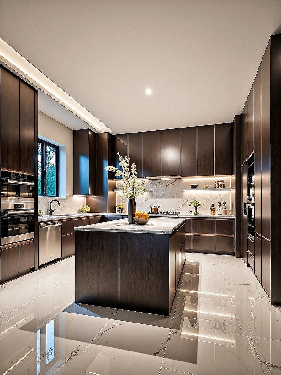 _Bếp Modern Luxury có đảo bếp, đá vân mây, tủ kính trang trí và ánh sáng hắt._