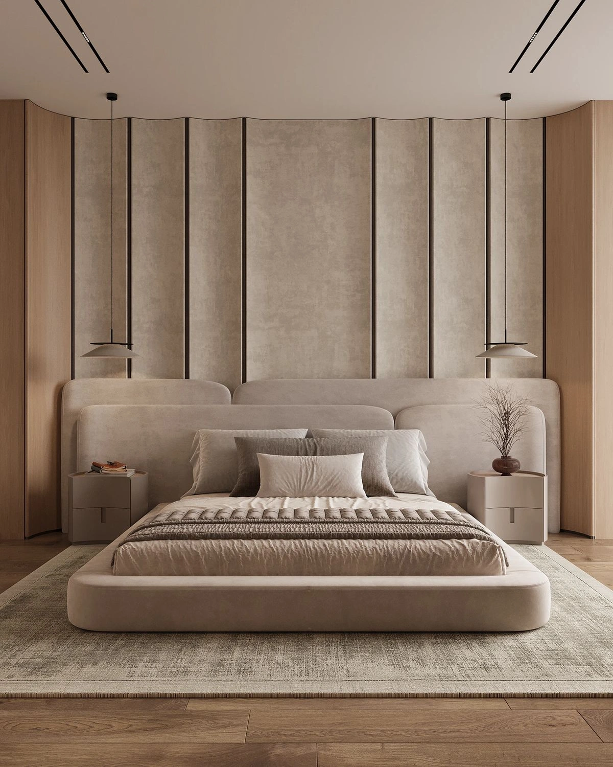 _Phòng ngủ Wabi Sabi với tường hiệu ứng, giường thấp và chất liệu linen mộc mạc._