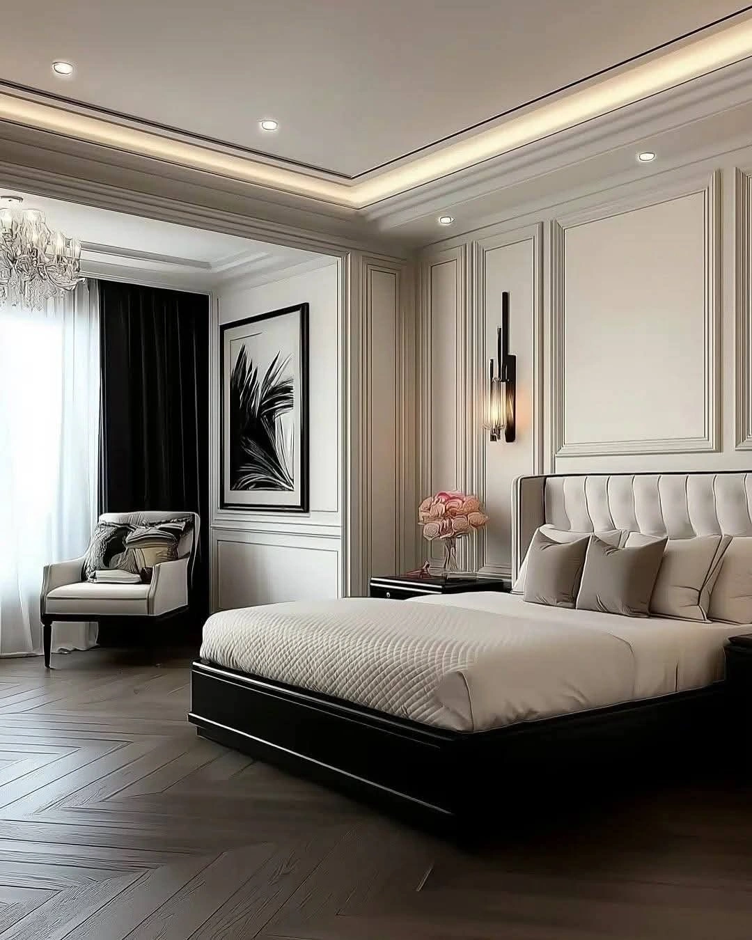 _Mẫu phòng ngủ tân cổ điển tinh giản với phào chỉ, giường bọc nệm và đèn trang trí._