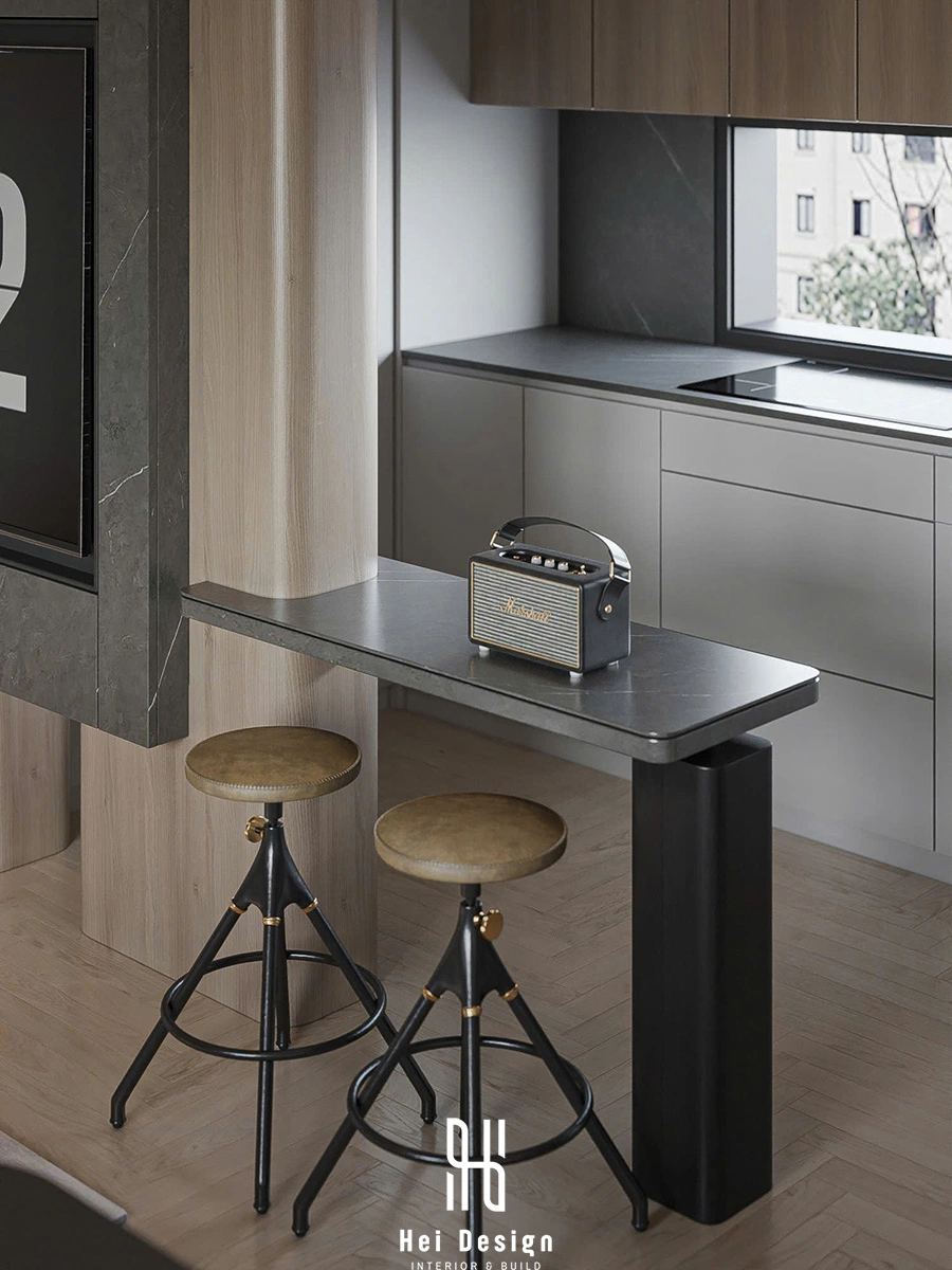 Hình ảnh thiết kế cận cảnh đảo bar mini kết hợp vách tủ tivi