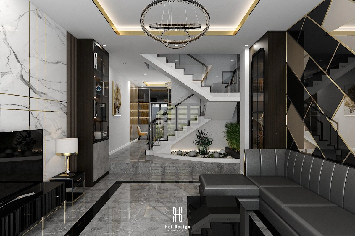 Hình ảnh thiết kế view nhìn phòng khách vào cầu thang