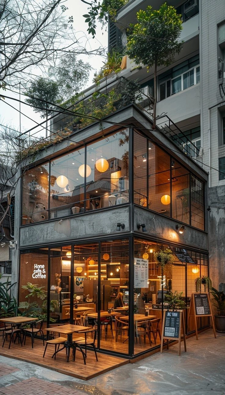 Hình ảnh quán café được mở đèn khi tối