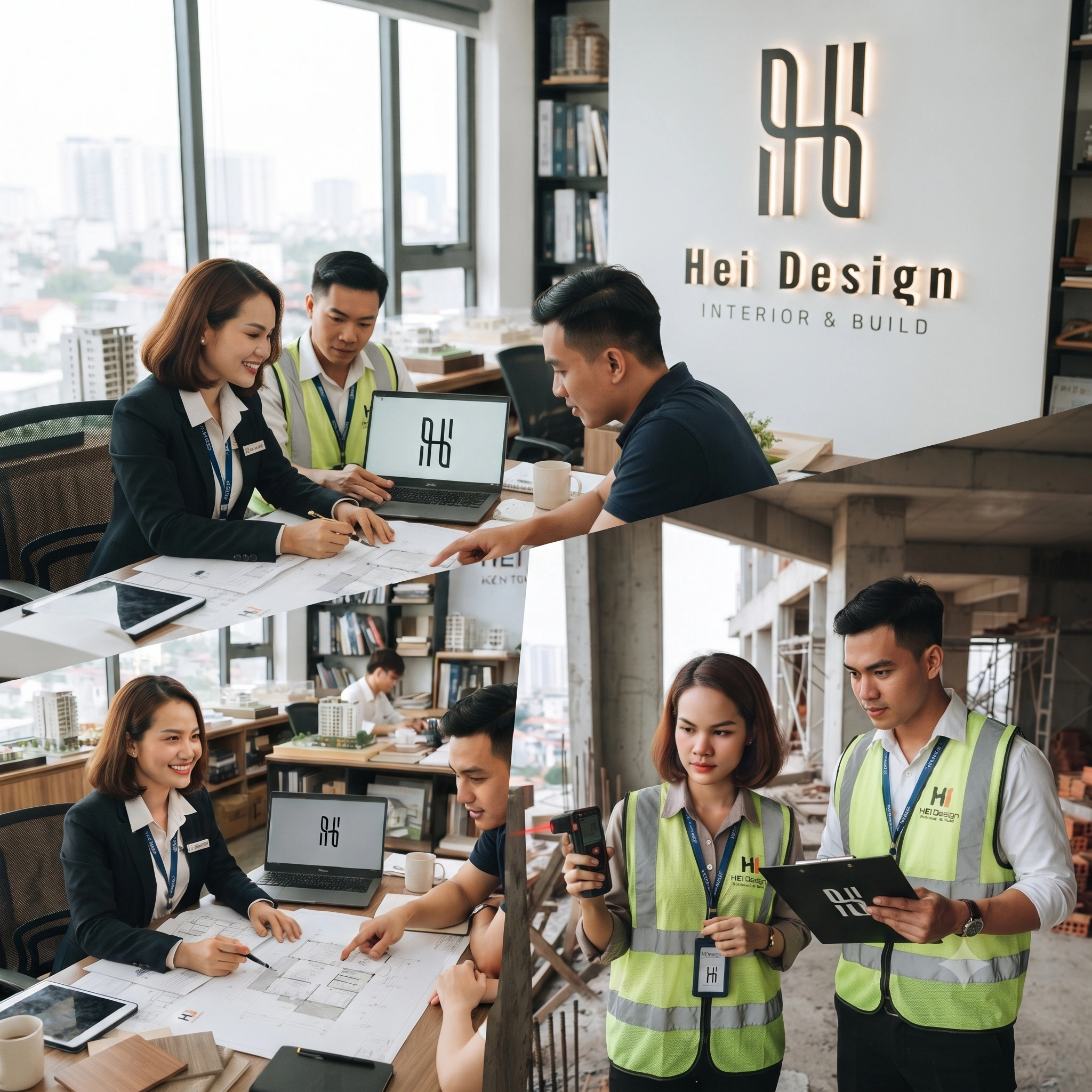 Hình ảnh nhân viên HEI Design tư vấn và làm việc cùng khách hàng