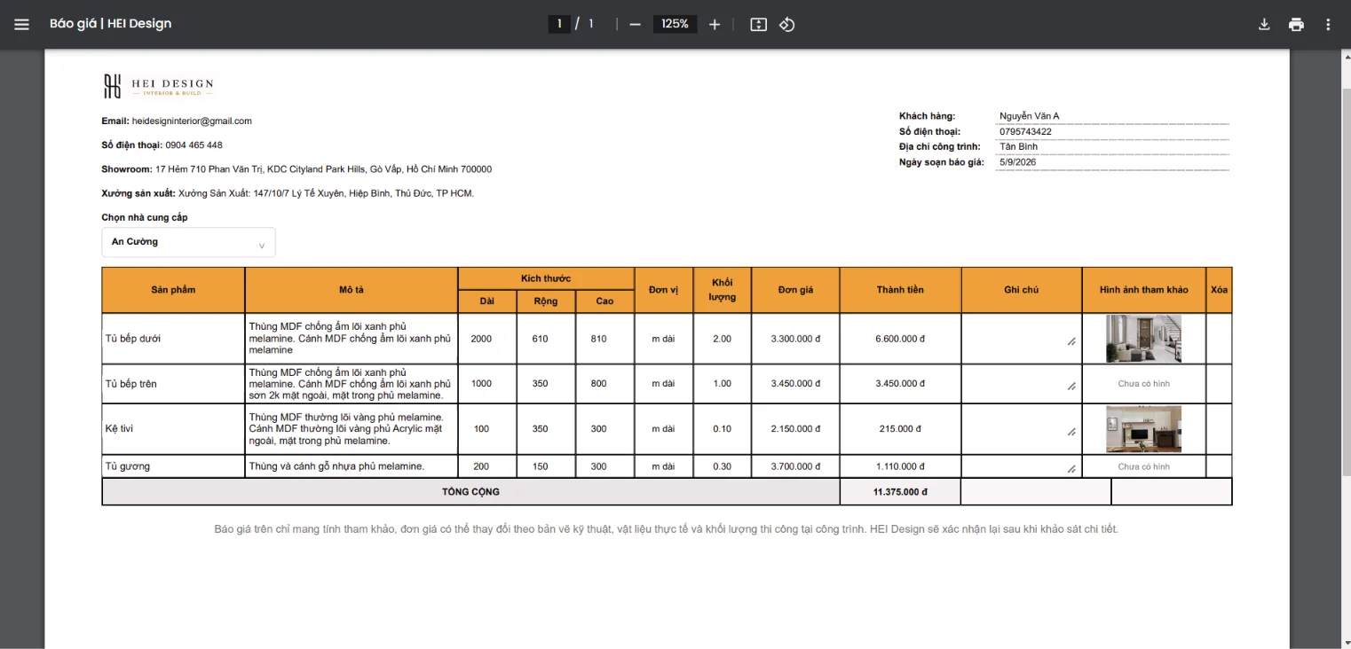 Giao diện in PDF sau khi bấm xuất PDF báo giá