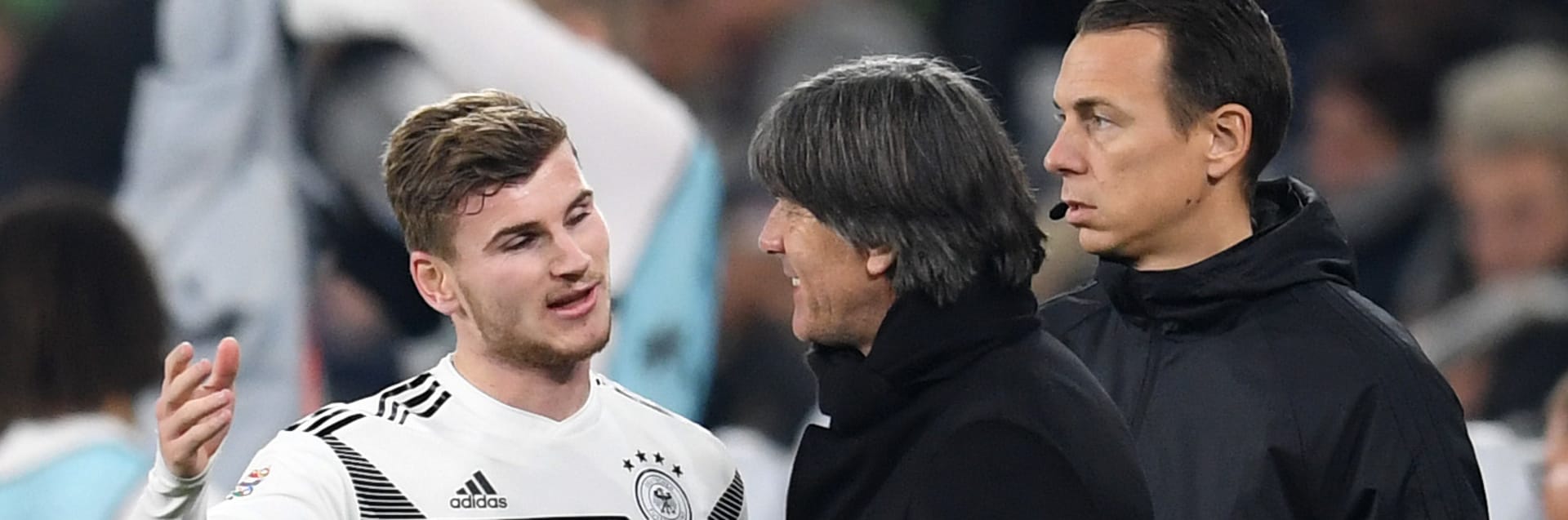 Germany v Netherlands - UEFA Nations League A GELSENKIRCHEN, GERMANY - NOVEMBER 19: Timo Werner of Germany speaks to Joachim Loew, Manager of Germany as he is substituted during the UEFA Nations League A group one match between Germany and Netherlands at Veltins-Arena on November 19, 2018 in Gelsenkirchen, Germany. (Photo by Matthias Hangst/Bongarts/Getty Images)