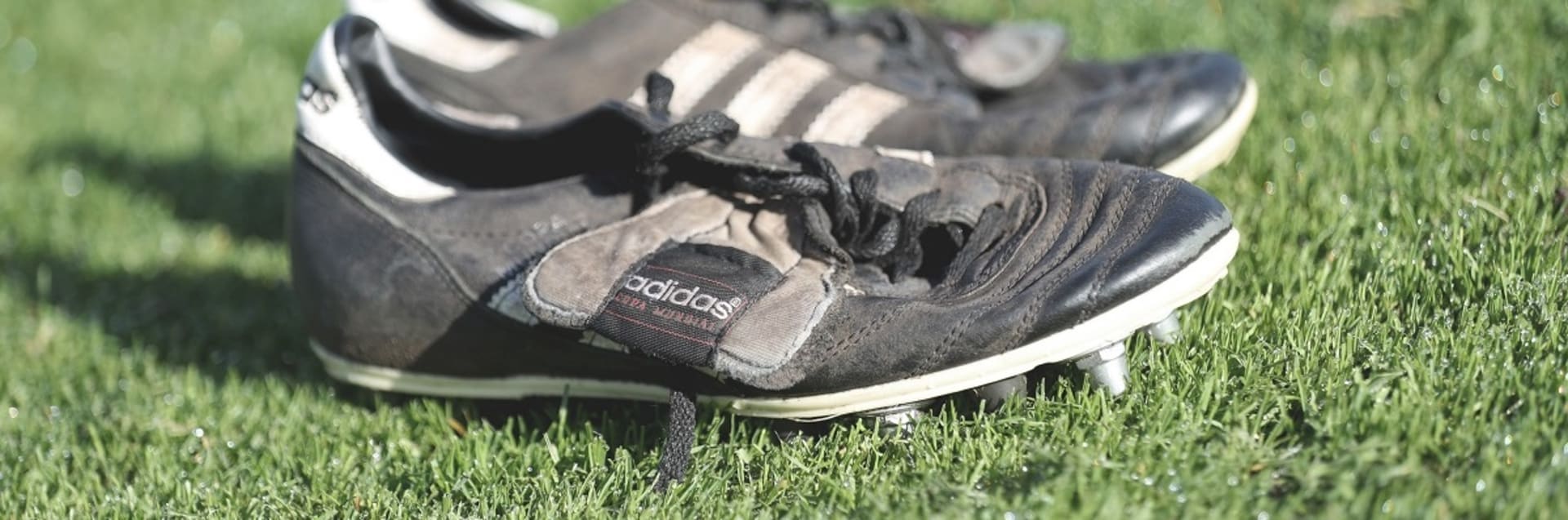 Eine Nahaufnahme von Fußballschuhen auf einem Rasenplatz.