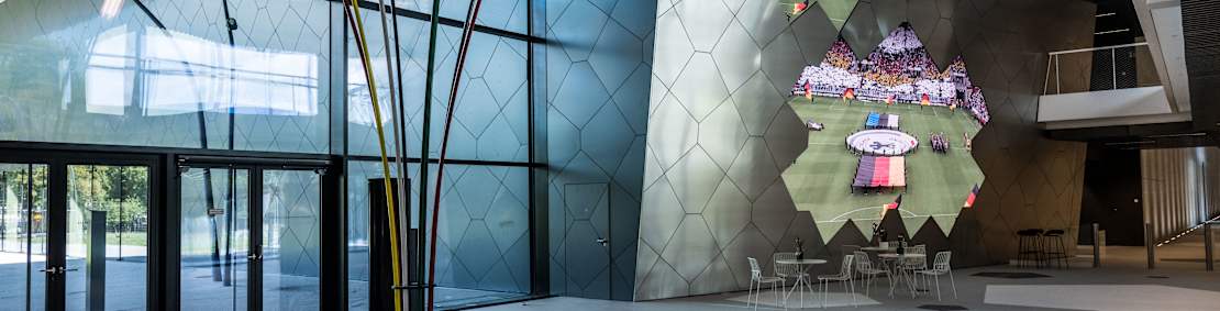 FRANKFURT AM MAIN, GERMANY - JULY 08: A general view of the lobby of the DFB-Campus, headquarter of the German Football Association and home of the DFB Academy, on July 08, 2022 in Frankfurt am Main, Germany. (Photo by Thomas Lohnes/Getty Images)