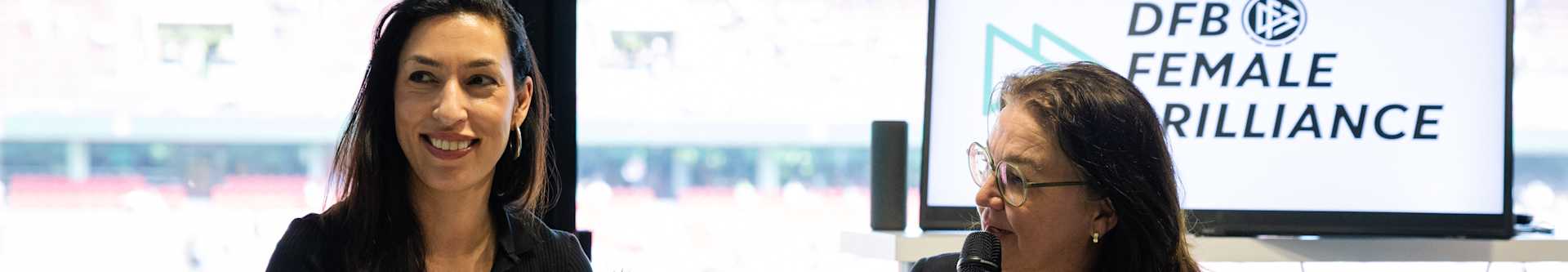 DFB-Pokalfinale der Frauen 2024, DFB-Pokal Saison 2023/2024, Finale, VfL Wolfsburg vs. FC Bayern Muenchen, FCBWOB, RheinEnergieSTADION Koeln, DFB, Deutscher Fussball-Bund,  DFB Female Brilliance, Tijen Onaran, Heike Ullrich (DFB-Generalsekretaerin)Koeln, 09.05.2024, Foto: Liam S. Curtis Mbella Ngom/DFB