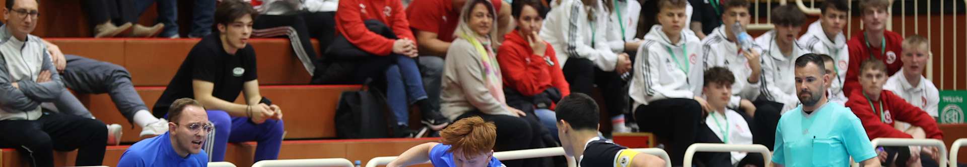 DUISBURG, GERMANY - MARCH 17: Players of Berliner SC and VFB Waltrop compete during the German Futsal Championships A Juniors 2024 final match at Sport School Wedau on March 17, 2024 in Duisburg, Germany. (Photo by Juergen Schwarz/Getty Images)