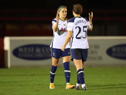 West Ham United Women v Tottenham Hotspur Women - Barclays FA Women's Super League DAGENHAM, ENGLAND - JANUARY 17: Shelina Zadorsky of Tottenham Hotspur Women and team mate Hannah Godfrey embrace after the Barclays FA Women's Super League match between West Ham United Women and Tottenham Hotspur Women at Chigwell Construction Stadium on January 17, 2021 in Dagenham, England. Sporting stadiums around England remain under strict restrictions due to the Coronavirus Pandemic as Government social distancing laws prohibit fans inside venues resulting in games being played behind closed doors.