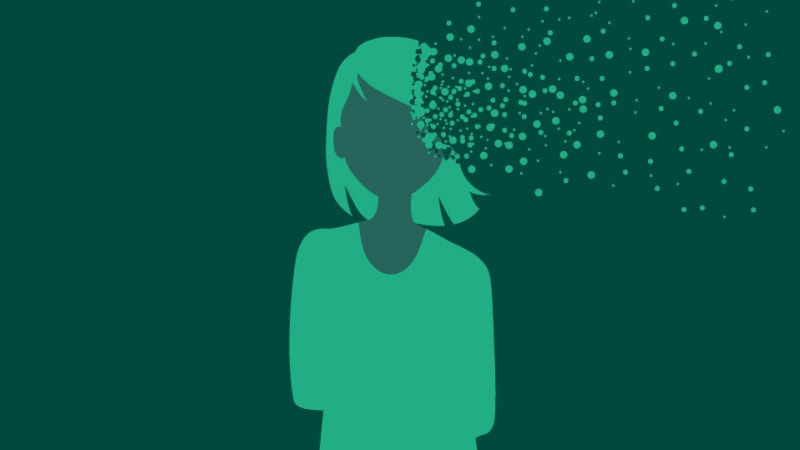 Die Gedanken einer Frau lösen sich durch eine Depressrion langsam auf  Das Bild zeigt eine Illustration, bei der der Kopf einer Frau langsam in kleine Bläschen auflöst, was eine Depression darstellen soll.