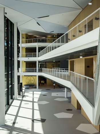 FRANKFURT AM MAIN, GERMANY - JULY 08: (EDITORS NOTE: This image has been altered: [Building perspective altered using image-editing software.]) A general view of the DFB-Campus, headquarter of the German Football Association and home of the DFB Academy, on July 08, 2022 in Frankfurt am Main, Germany. (Photo by Thomas Lohnes/Getty Images for DFB)