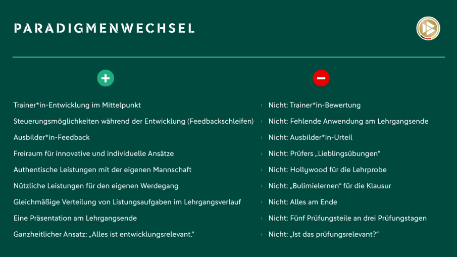 Leistungsnachweise bei der Entwicklung von Trainer*innen: Paradigmenwechsel. © 2021 DFB
