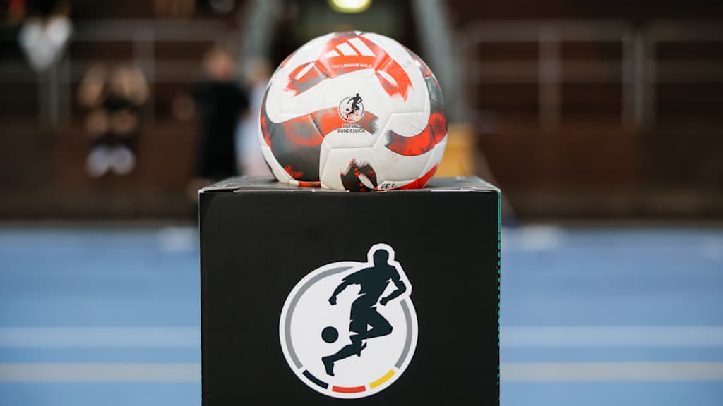 BERLIN, GERMANY - SEPTEMBER 6: The match ball is displayed prior to during the DFB Futsal-Bundesliga game between FC Liria Berlin and SSV Jahn 1889 Regensburg on September 6, 2025 in Berlin, Germany. (Photo by Reinaldo Coddou H./Getty Images for DFB)