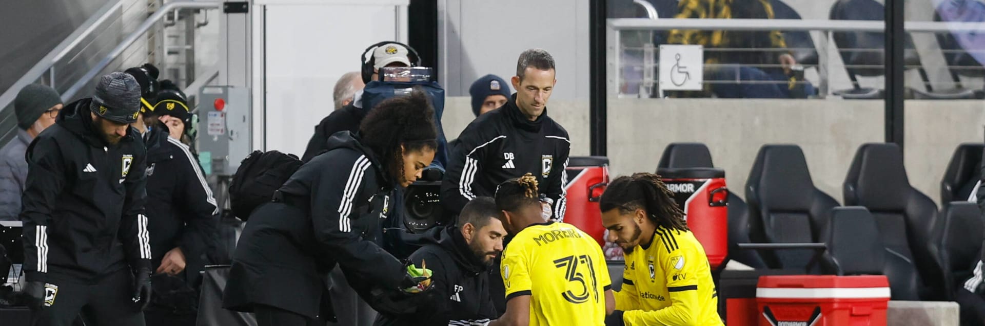 COLUMBUS, OH - APRIL 01: Columbus Crew defender Steven Moreira (31) and defender Mohamed Farsi (23) who are observing Ra
