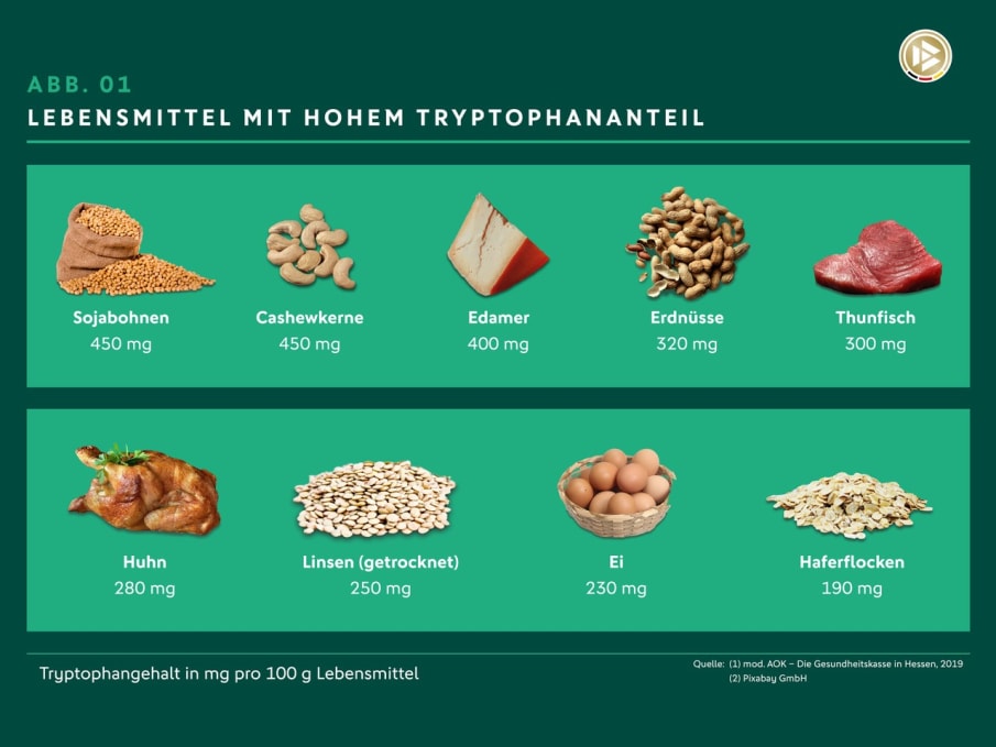 Die Infografik zeigt verschiedene Lebensmittel und deren Tryptophangehalt in mg pro 100 g an.