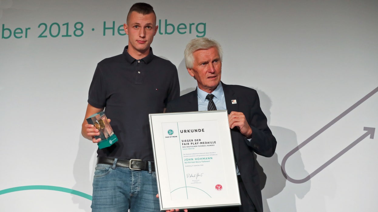 HEIDELBERG, GERMANY - SEPTEMBER 09: Winner Fair-Play-Medal John Hohmann and Eugen Gehlenborg during the Fair-Play-Medal Awarding Ceremony on September 9, 2018 in Heidelberg, Germany. (Photo by Andreas Schlichter/Bongarts/Getty Images)