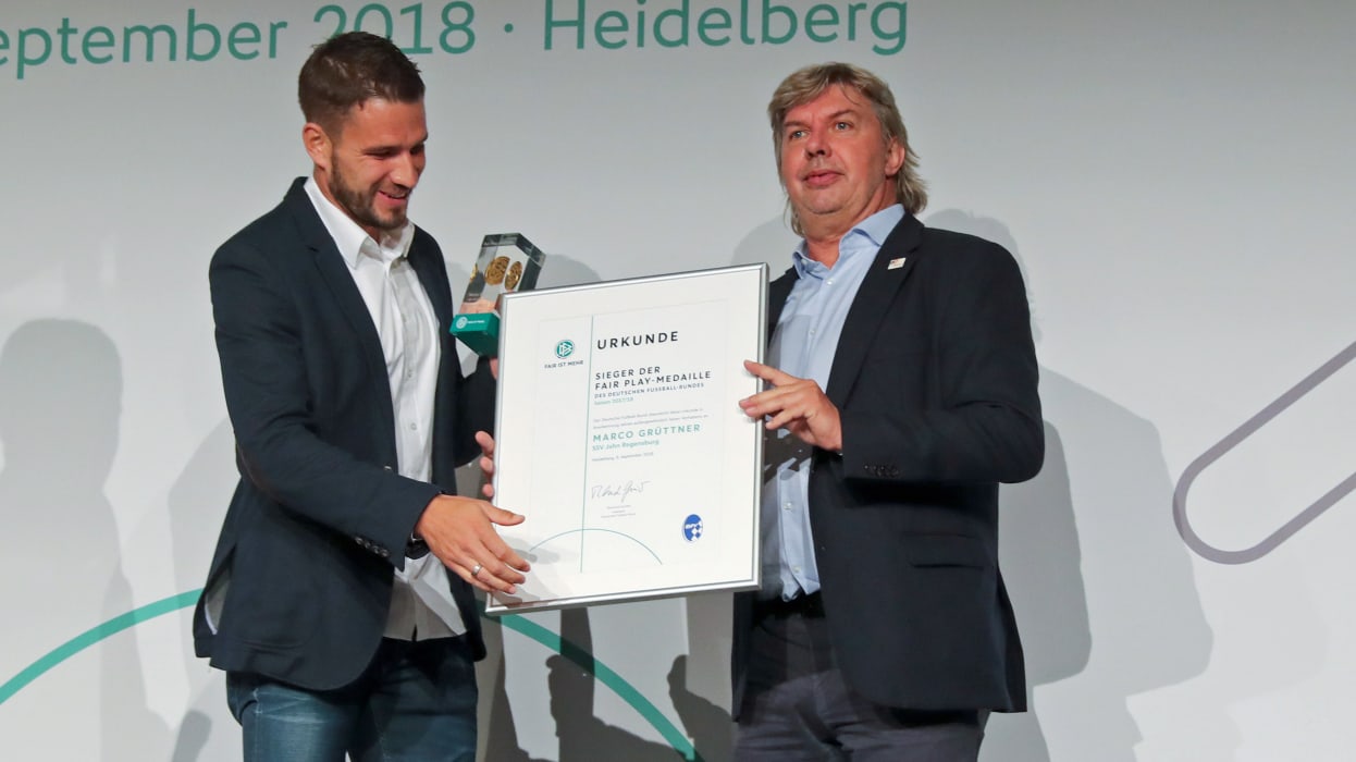 HEIDELBERG, GERMANY - SEPTEMBER 09: Winner Fair-Play-Medal Marco Gruettner and Ronny Zimmermann during the Fair-Play-Medal Awarding Ceremony on September 9, 2018 in Heidelberg, Germany. (Photo by Andreas Schlichter/Bongarts/Getty Images)