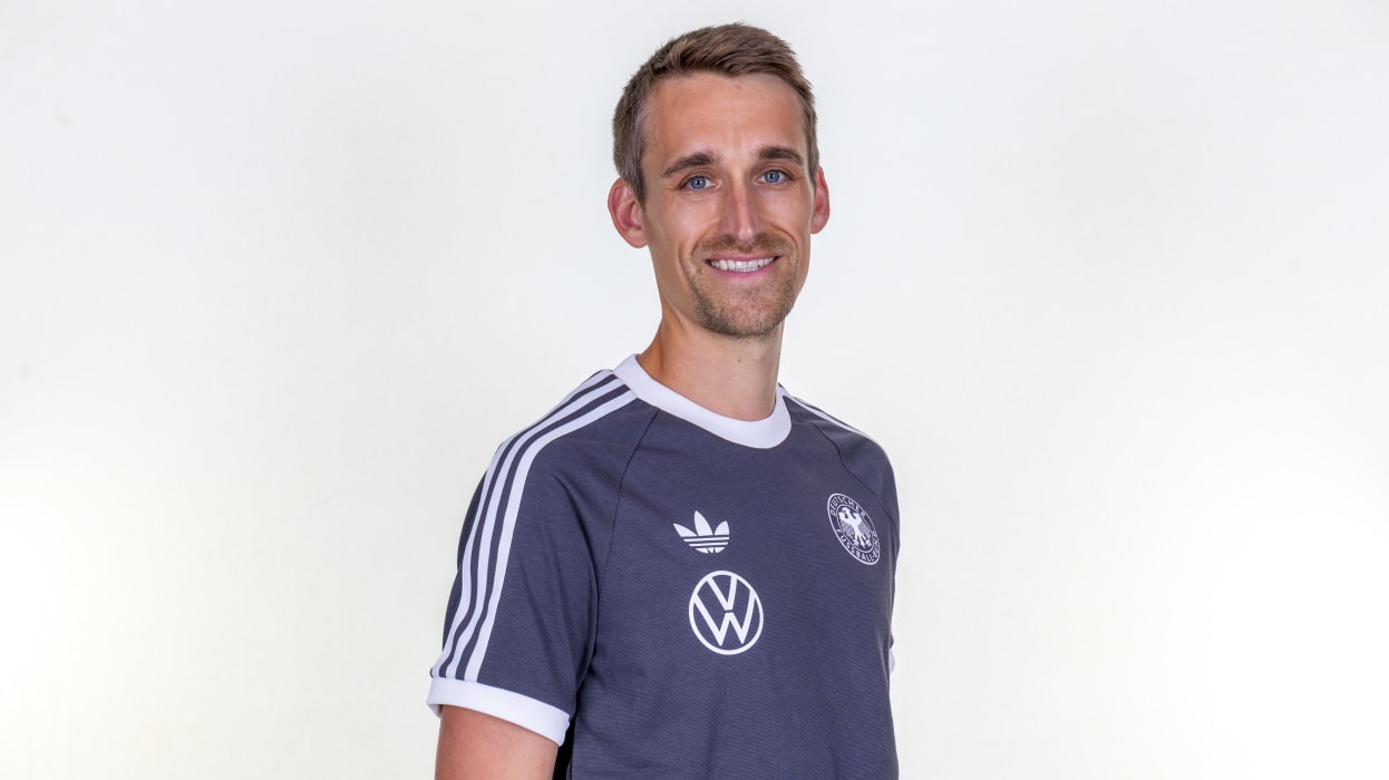 FRANKFURT AM MAIN, GERMANY - SEPTEMBER 1: Dennis Hill poses during a team presentation at DFB-Campus on September 1, 2024 in Frankfurt am Main, Germany.  (Photo by Andreas Schlichter/Getty Images for DFB)