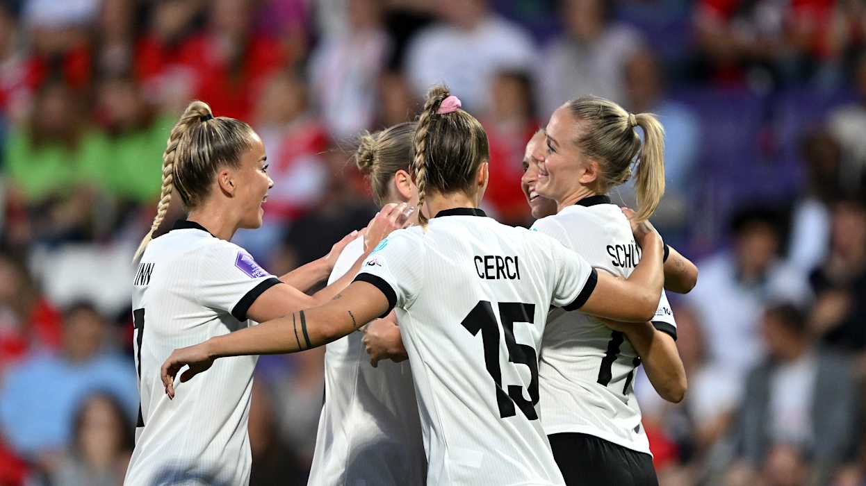 VIENNA, AUSTRIA - JUNE 03: Lea Schuller of Germany celebrates scoring her team's second goal with team mates during the UEFA Women's Nations League 2024/25 Grp A1 MD6 match between Austria and Germany at  on June 03, 2025 in Vienna, Austria. (Photo by Christian Bruna/Getty Images)
